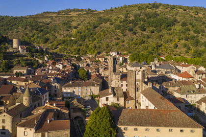 France, Haute Loire, Blesle, labelled Les Plus Beaux Villages de France (The most beautiful villages of France), the Saint-Martin bell tower in the center, the Keep of the barons of Mercœur on the right and the Tower of Massadou in the background on the left