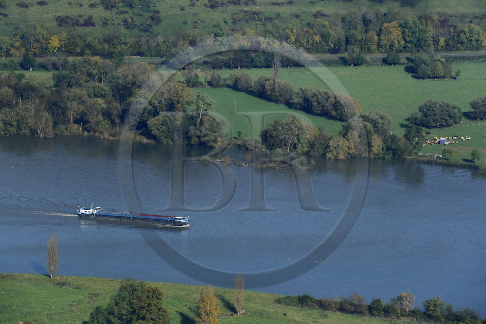 France, Seine-Maritime (76), péniche remontant la Seine à la hauteur de Saint-Martin-de-Boscherville (vue aérienne)