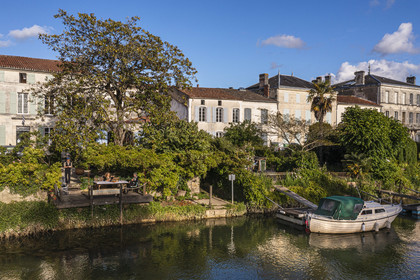 France, Charente-Maritime (17), Saintonge, Saint-Savinien, labellisé Villages de pierres et d'eau, chambres d’hotes Au Quai des Fleurs, Laurence et Steve nous accueillent dans leur jardin donnant sur la Charente (vue aérienne)
