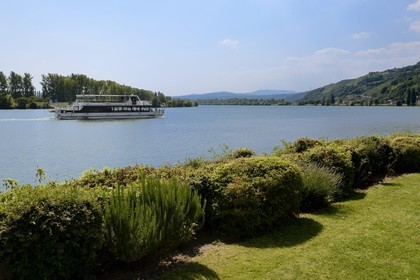 France, Rhône (69), Condrieu, petit bateau de croisière le Rhône vu depuis l'Hôtel-restaurant Le Beau Rivage