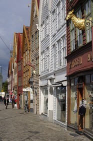 Norvège, comté de Hordaland, Bergen, maisons en bois du quartier de Bryggen, classé Patrimoine Mondial de l'UNESCO, ancien comptoir de la ligue hanséatique (la Hanse)