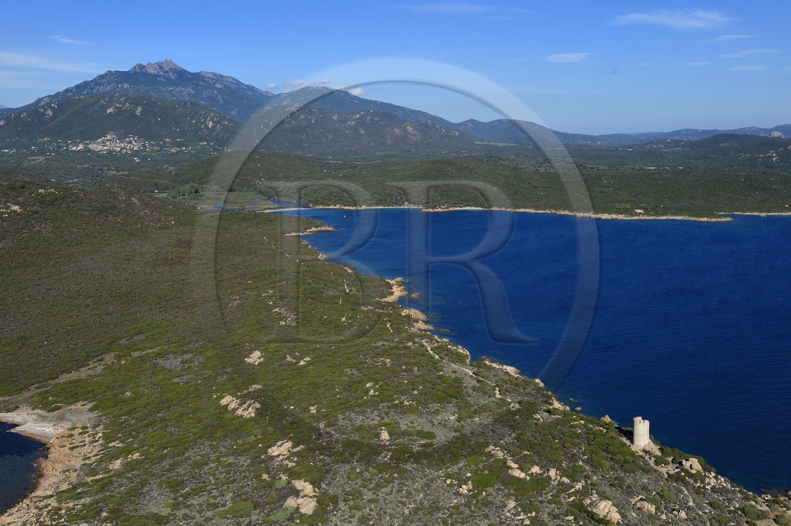 France, Corse du Sud, Monacia-d'Aullene, Olmeto genoese tower (aerial view)