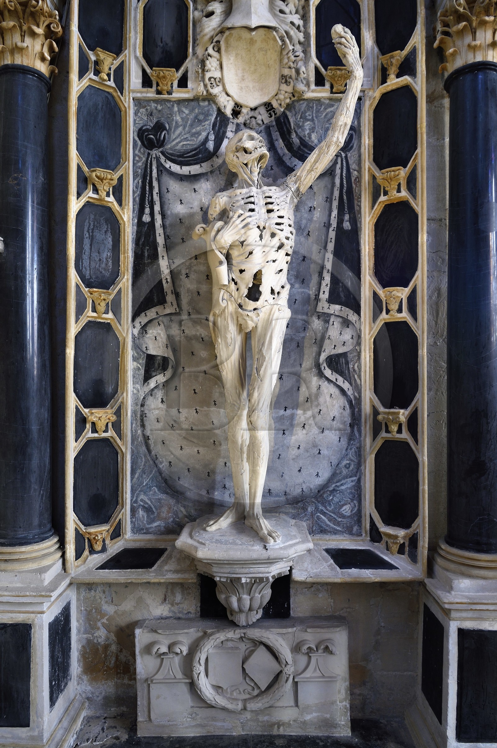 France, Meuse (55), Bar-le-Duc, le Squelette (aussi appelé Transi ou Décharné ou Ecorché) (XVIème siècle) du tombeau de René de Chalon par le sculpteur Ligier Richier dans l'église Saint-Etienne