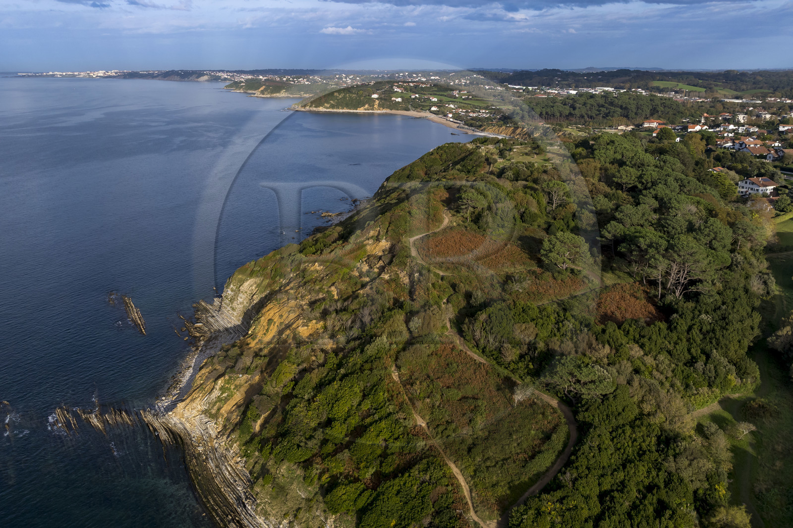 France, Pyrenees Atlantiques, Basque Country coast, Saint-Jean-de-Luz, the coastal path on the GR 8 running along the flysch cliff of the Pile d'Assiettes, a sort of mille-feuille alternating hard rocks and soft rocks (aerial view)