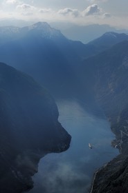 Norway, More Og Romsdal, cruise ship in the Geirangerfjord (aerial view)
