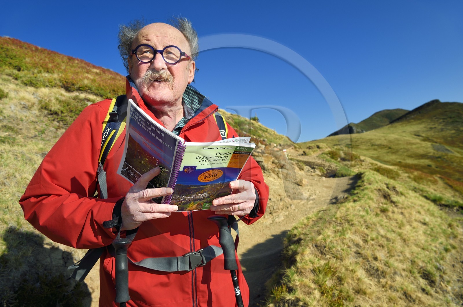 France, Cantal, Parc Naturel Régional des Volcans d'Auvergne (regional nature park of Auvergne volcanoes), Le Lioran to the Col de Rombière,  Bernard Quinsat who imagined the Via Arverna in the 2000s on the way to Saint Jacques de Compostela and founder of the guide publishing house Chamina