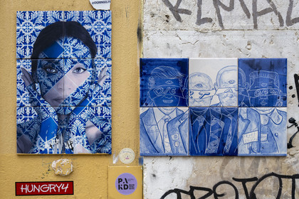 Portugal, Lisbon, Bairro Alto district, street art on ceramic by artists Ogringo.75 and Dacosta