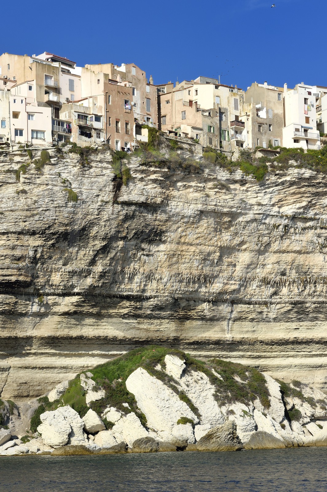 France, Corse-du-Sud (2A), Bonifacio, la vieille ville ou Haute Ville perchée sur des falaises de calcaire de plus de 60 mètres de haut