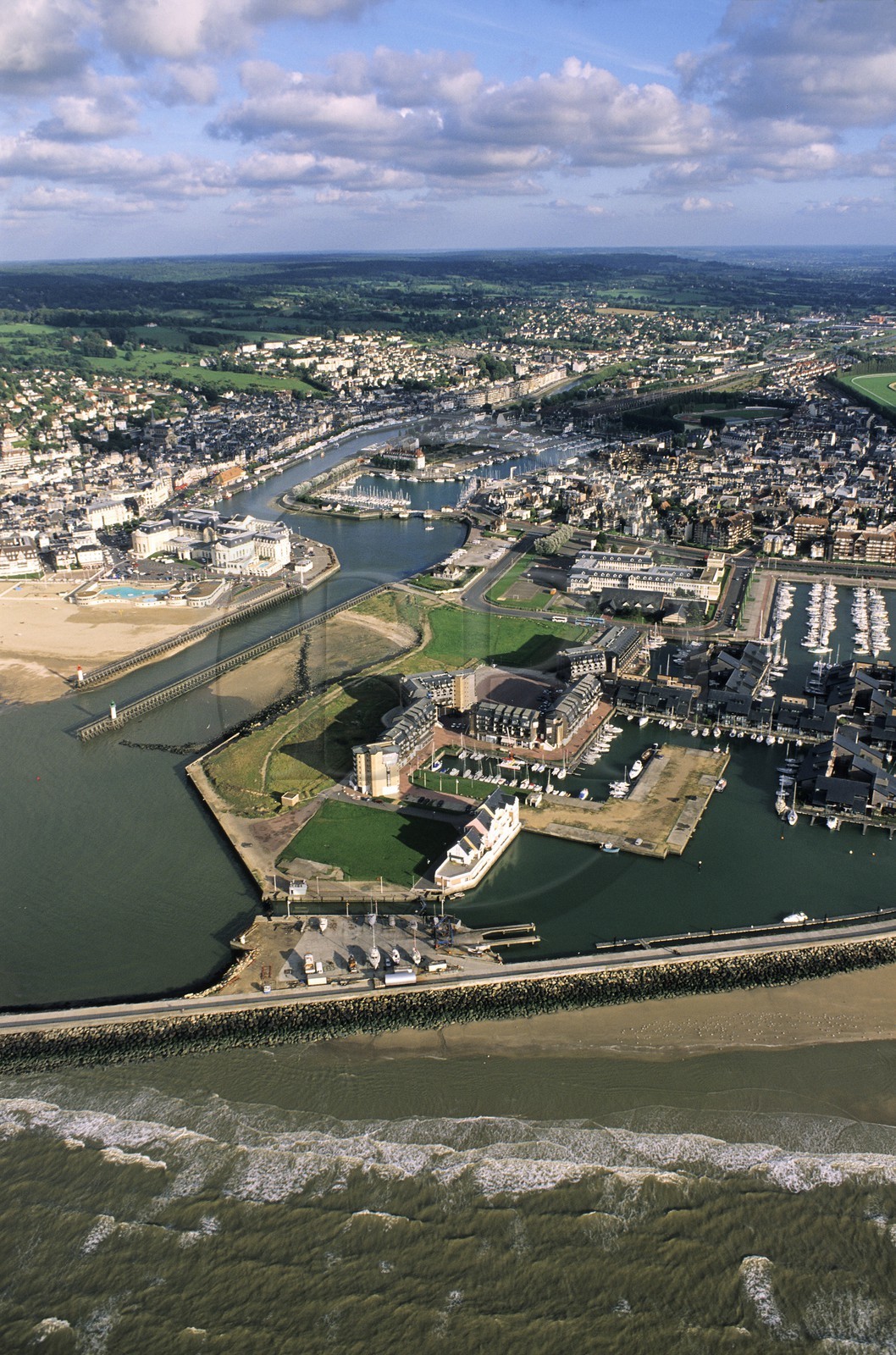 France, Calvados, Pays d'Auge, Deauville and Trouville, mouth of Touques River (aerial view)