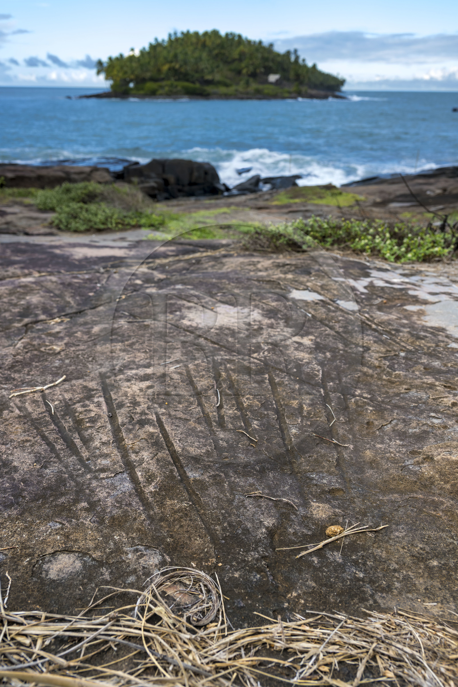 France, French Guiana, Kourou, Salvation Islands (Iles du Salut), Royal Island, Native American polishing stones from the pre-Columbian period