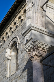 France, Hautes Alpes, Embrun, the 12th century Notre Dame du Real Cathedral, the protiro called porch of the Real or of the Magi in Lombard style and the northern facade