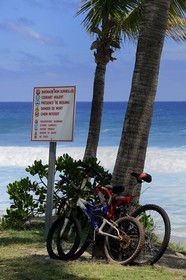 France, île de la Réunion, la côte sud, plage de Grand-Anse, panneau annoncant les dangers potentiels de baignade