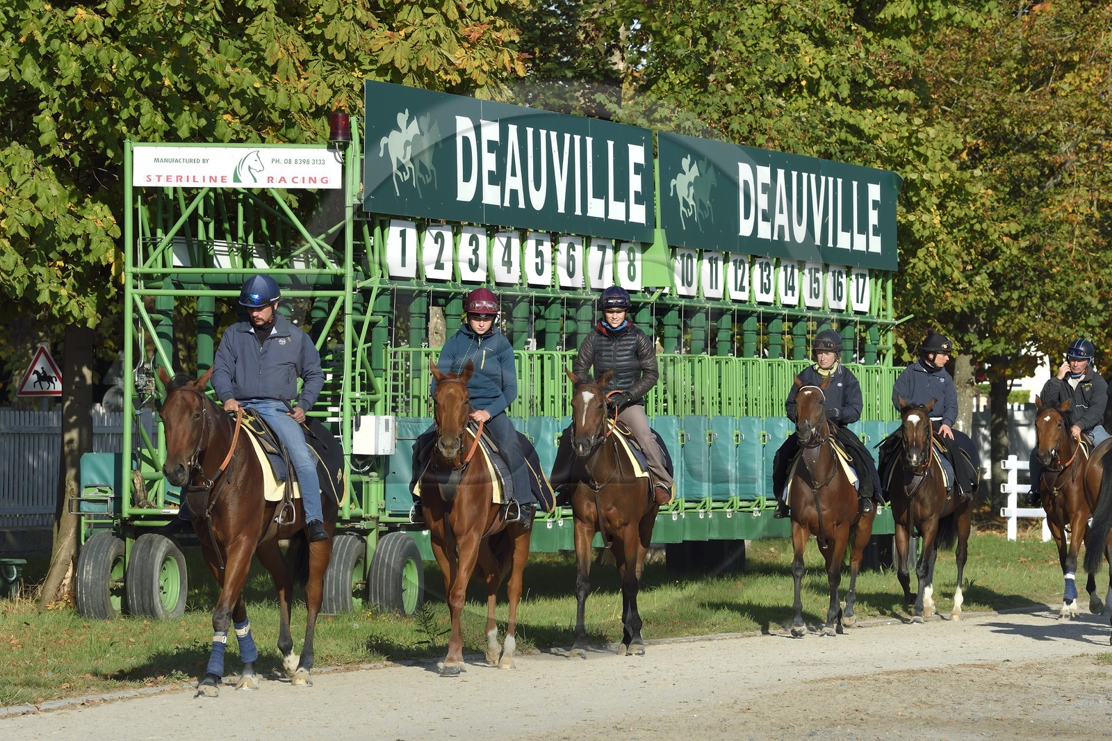 France, Calvados, Pays d'Auge, Deauville, Racecourse of Deauville-La Touques, riders in front of the starting stalls