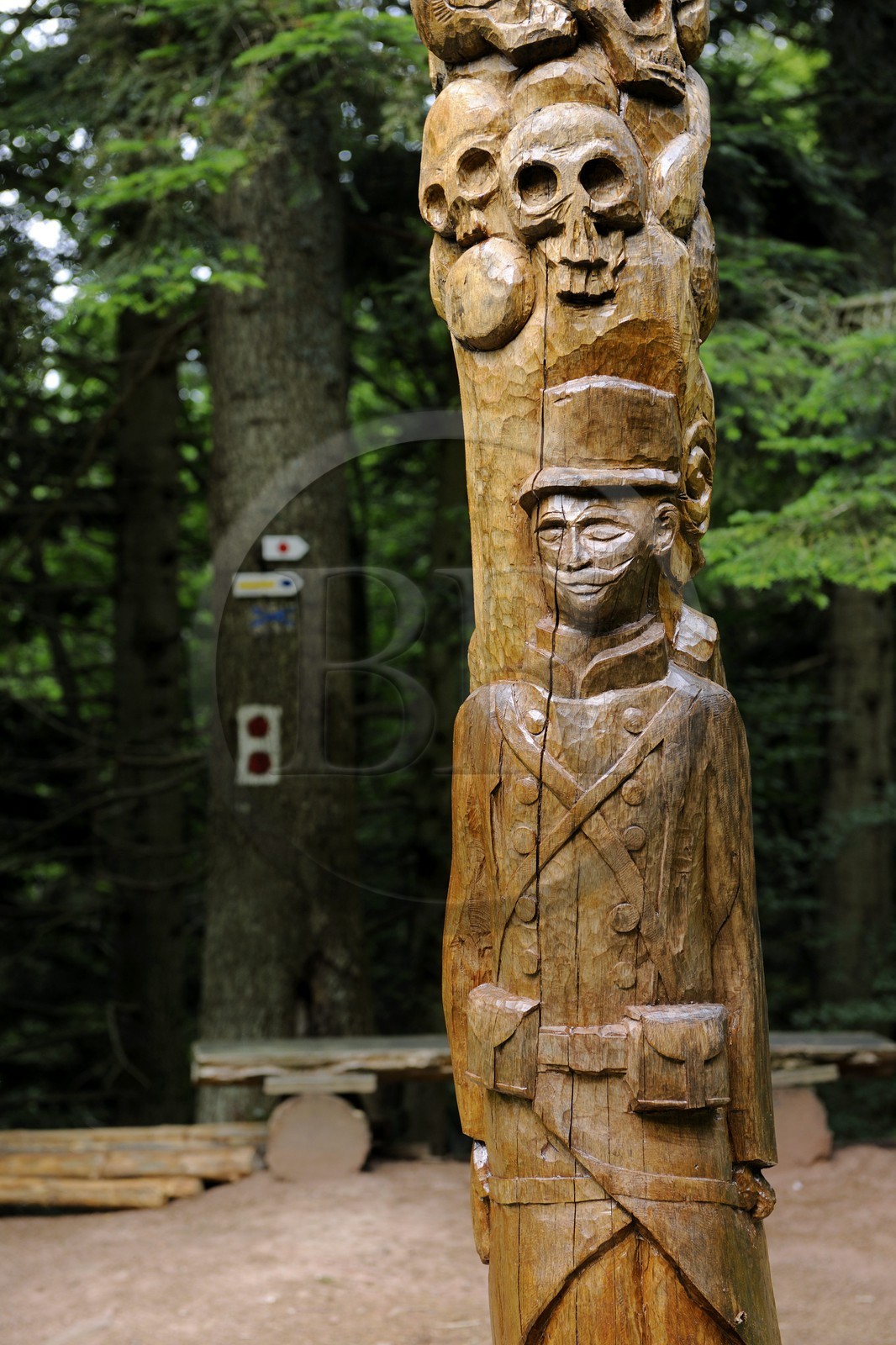 France, Vosges (88), chemin des passeurs au Donon sur la trace de la filière d'évasion du Rehtal, totem taillé au village par des jeunes en réinsertion sociale - des têtes de mort évoquent la guerre, la vigne symbolise la vie qui continue