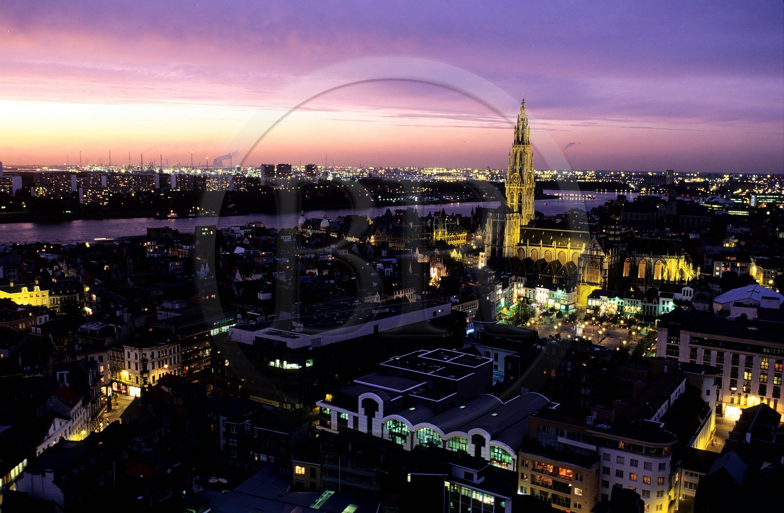 Belgium, Flanders, Antwerp (Antwerpen), Notre Dame cathedral and the city centre on the Schelde (also Scheldt or Escaut) river