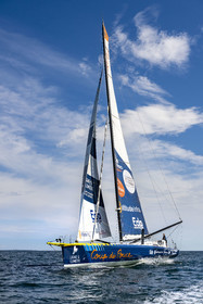 France, Vendée (85), Les-Sables-d'Olonne, le skipper Manuel Cousin en entrainement sur son voilier monocoque de 60 pieds IMOCA Coup de Pouce