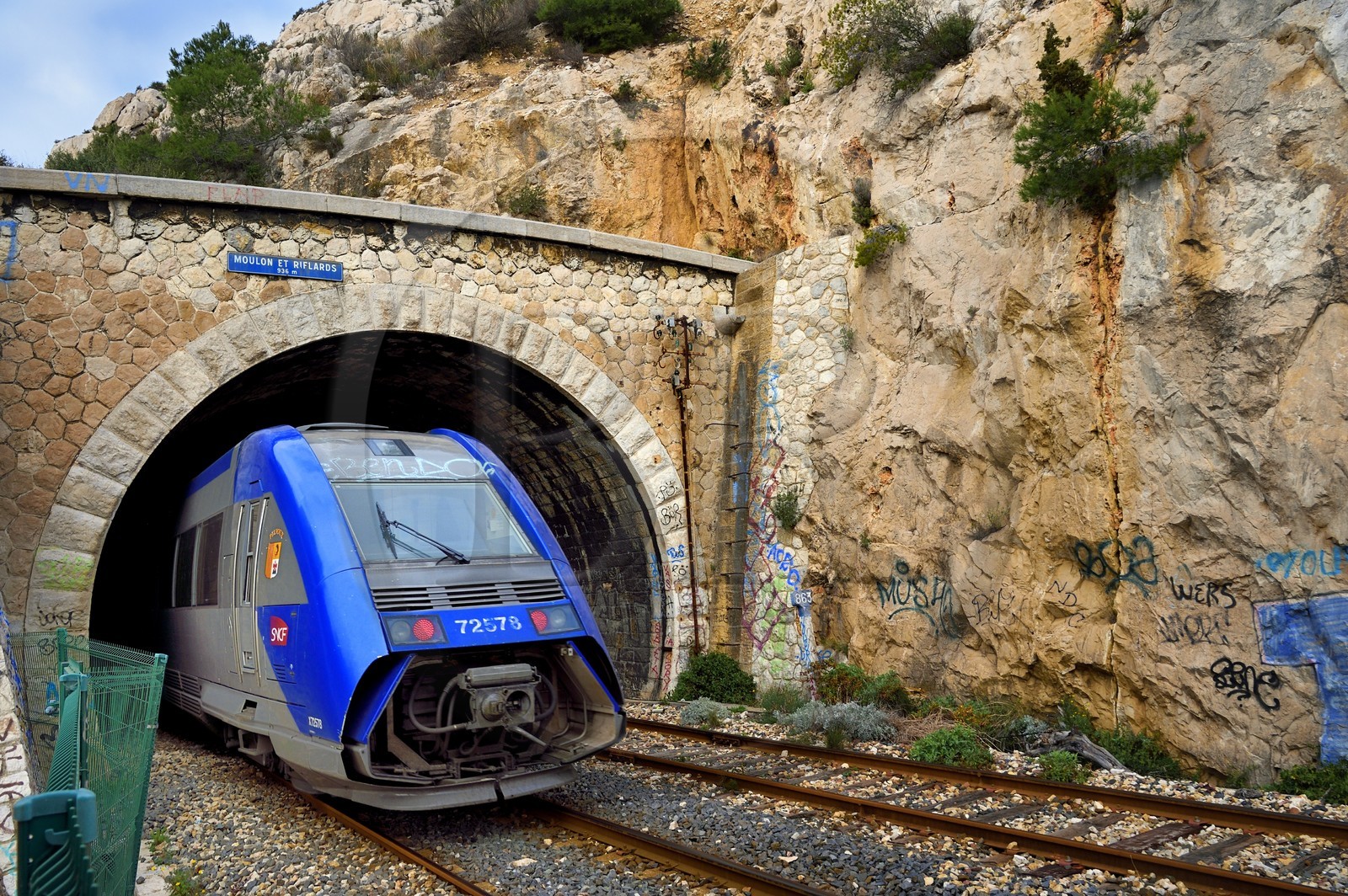 France, Bouches du Rhone, Le Rove towards Marseille, the Cote Bleue (Blue Coast), hike from Niolon to Cap Méjean along the Customs Trail and along the railway, entrance to a TER rail tunnel
