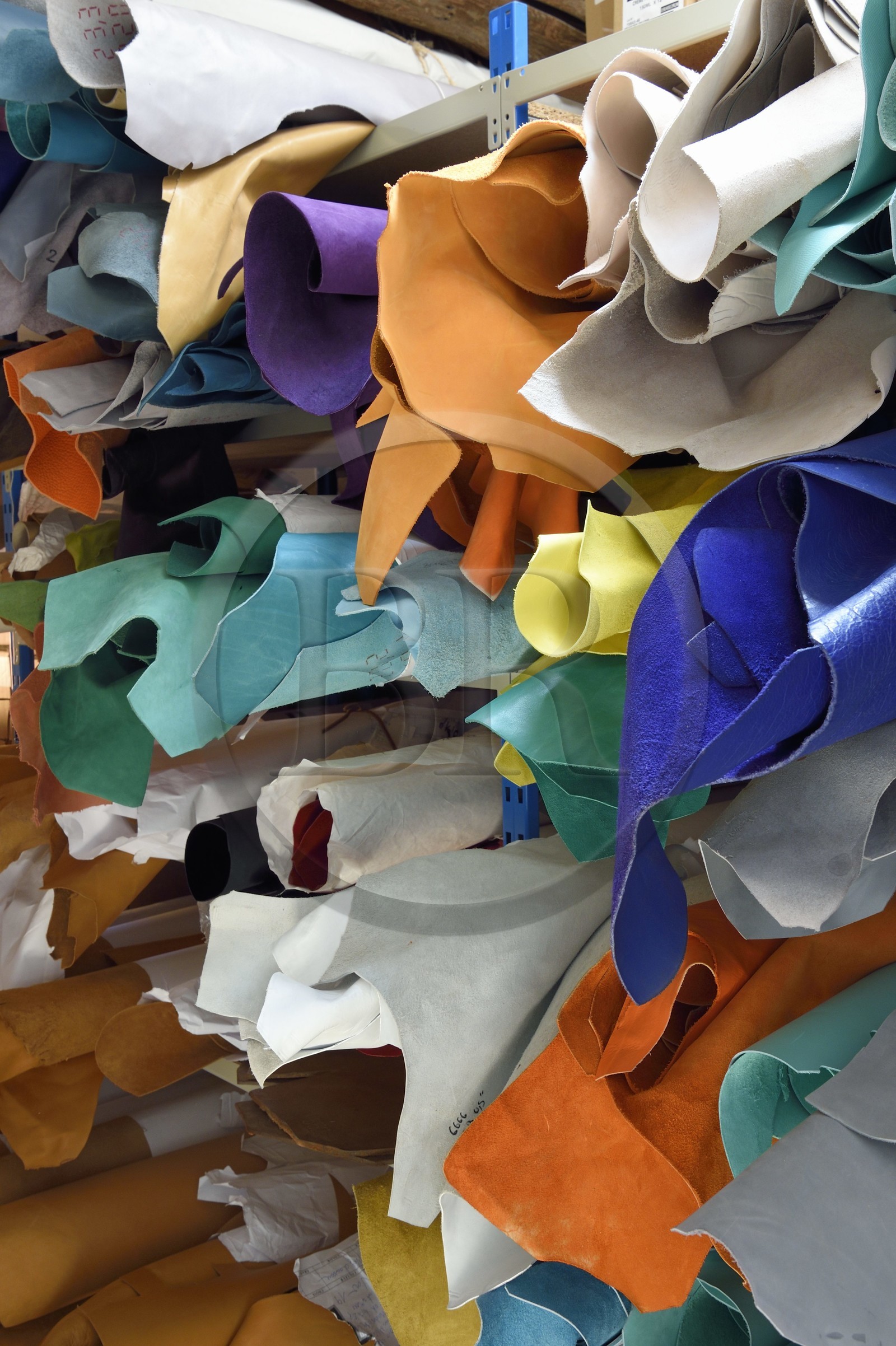 France, Var, Saint-Tropez, production of local sandals, stock of tinted leathers (Rondini sandals)