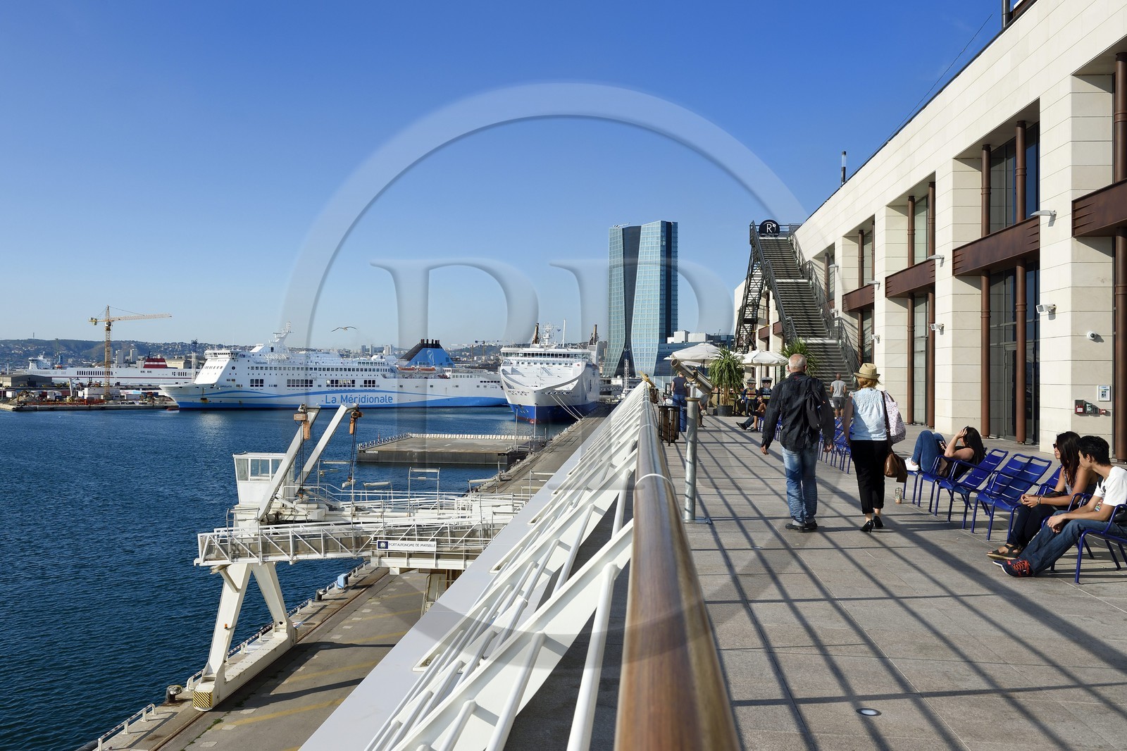 France, Bouches du Rhone, Marseille, Euromediterranee area, La Joliette district, the Terrasses du Port and the CMA CGM tower by architect Zaha Hadid in the background