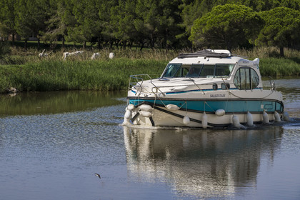France, Gard (30), la Petite Camargue à Aigues-Mortes, navigation d'un bateau de plaisance sur le canal du Rhône à Sète