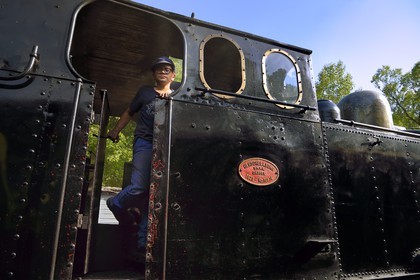 France, Alpes-Maritimes, Puget Theniers, steam engine warming up, Benoit Prudhomme-Lacroix Lacroix is one of the youngest volunteers of the G.E.C.P. that restores and operates the Train des Pignes historic train