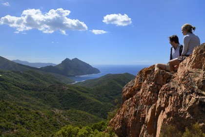 France, Corse-du-Sud (2A), Golfe de Girolata, classé Patrimoine Mondial de l'UNESCO, et le Capo Senino depuis le Col de Palmarel
