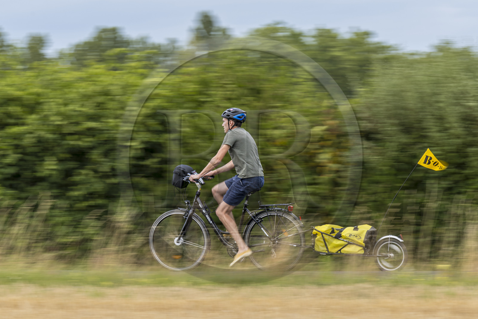 France, Maine-et-Loire (49), vallée de la Loire classée au Patrimoine Mondial par l'UNESCO, Saumur vers Saint-Hilaire, randonnée à bicyclette avec une remorque transportant le matériel de camping