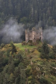 France, Cantal (15), Gorges de la Truyère, Alleuze, ruines féodales perchées du château fort d'Alleuze du XIIIe siècle reconstruit en 1405
