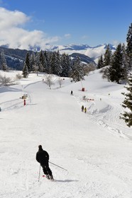 France, Haute-Savoie (74), Morzine, la vallée d'Aulps, massif du Chablais, domaine skiable des Portes du Soleil, piste de ski sur le Pléney (1554m) en direction des Gets