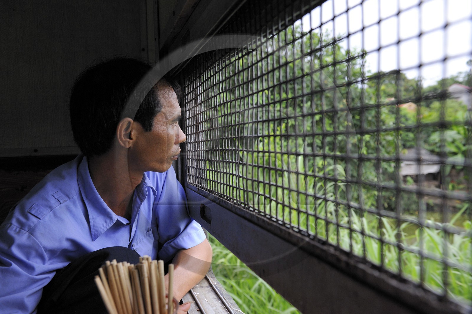 Vietnam, train de jour de Lao Cai à Hanoï, classe assis dur non climatisé, les grillages sont là pour protéger les passagers des éventuels lancer de pierres par des enfants