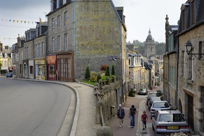 France, Manche, Villedieu les Poeles, Dr Havard Street and Notre Dame church