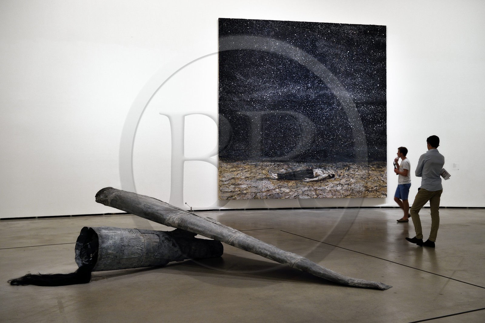 Espagne, Pays basque espagnol, Biscaye, Bilbao, le musée Guggenheim de l'architecte Frank Gehry, Berenice (1989) à gauche au sol et Les célèbres ordres de la nuit (1997) à droite, oeuvres de Anselm Kiefer