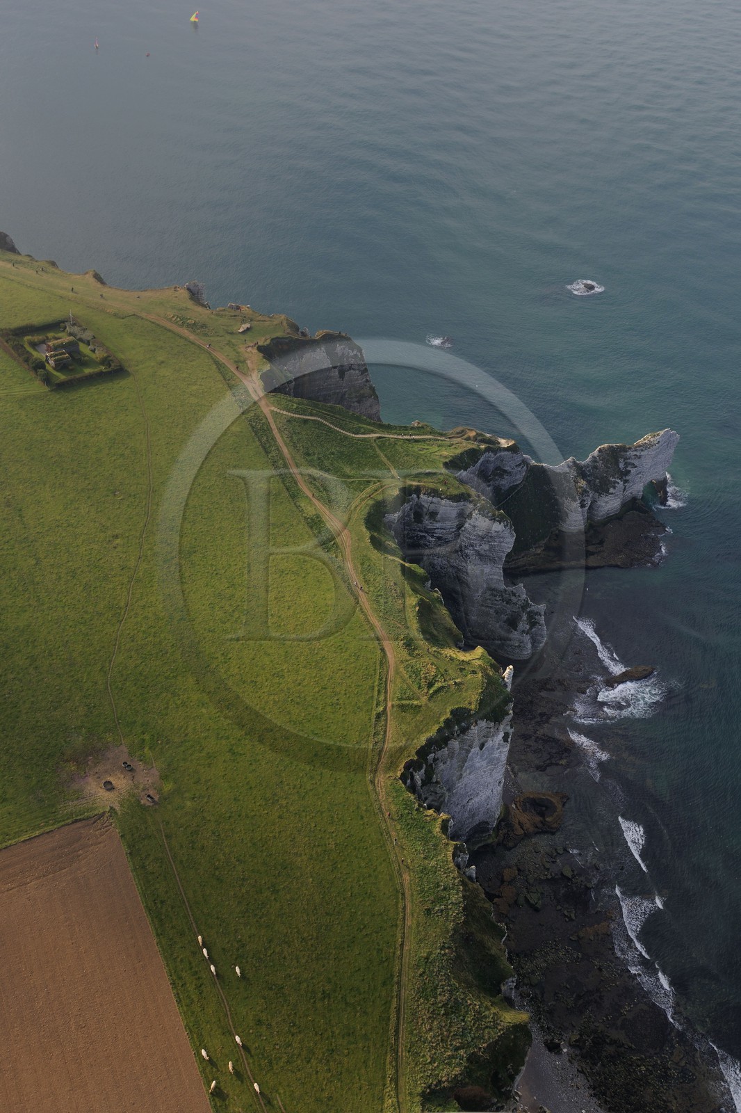 France, Seine Maritime, Pays de Caux, Cote d'Albatre, Etretat, the falaise d'Amont (Amont Cliff) (aerial view)