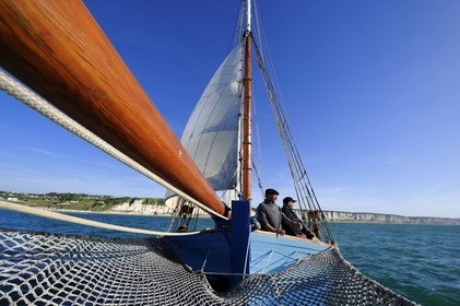 France, Seine-Maritime (76), Pays de Caux, Côte d'Albâtre, sortie en mer à bord du vieux gréement la Tante Fine au large des falaises de Fécamp