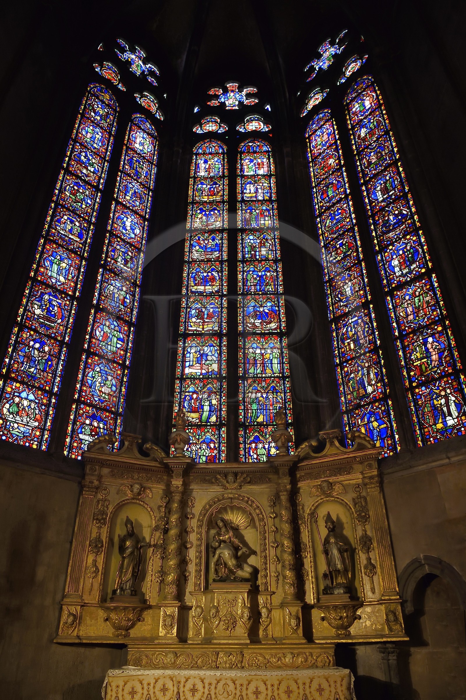 France, Puy de Dome, Clermont Ferrand, 13th century Notre-Dame de l'Assomption cathedral, Sainte-Marie-Madeleine chapel, stained glass windows evoking the end of her life and 18th century pieta