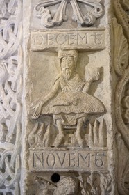 France, Allier (03), former province of Bourbonnais, Souvigny, Souvigny Priory (prieuré Saint-Pierre-et-Saint-Paul), ducal necropolis of the Dukes of Bourbon, Pays de Bourbonnais museum, the Roman pillar known as the Zodiac Column, month of november