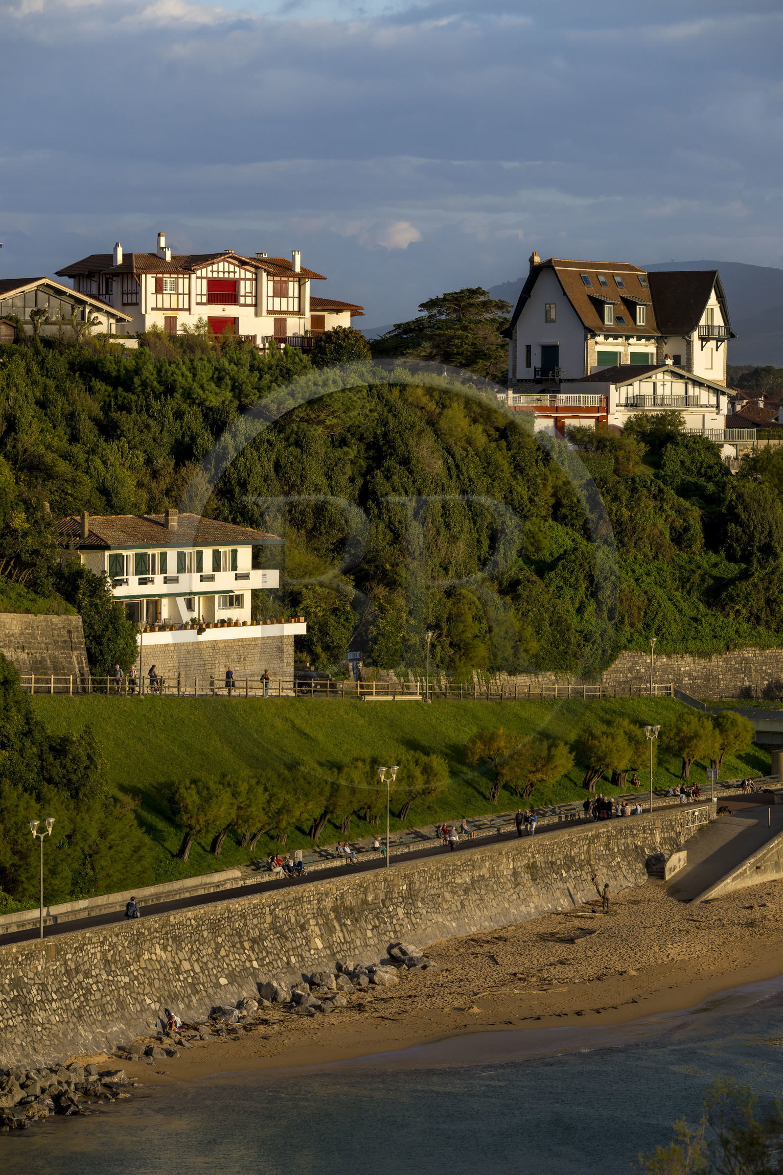 France, Pyrenees Atlantiques, Basque Country coast, Saint-Jean-de-Luz, Basque houses at the end of the Grande Plage at Pointe Sainte-Barbe