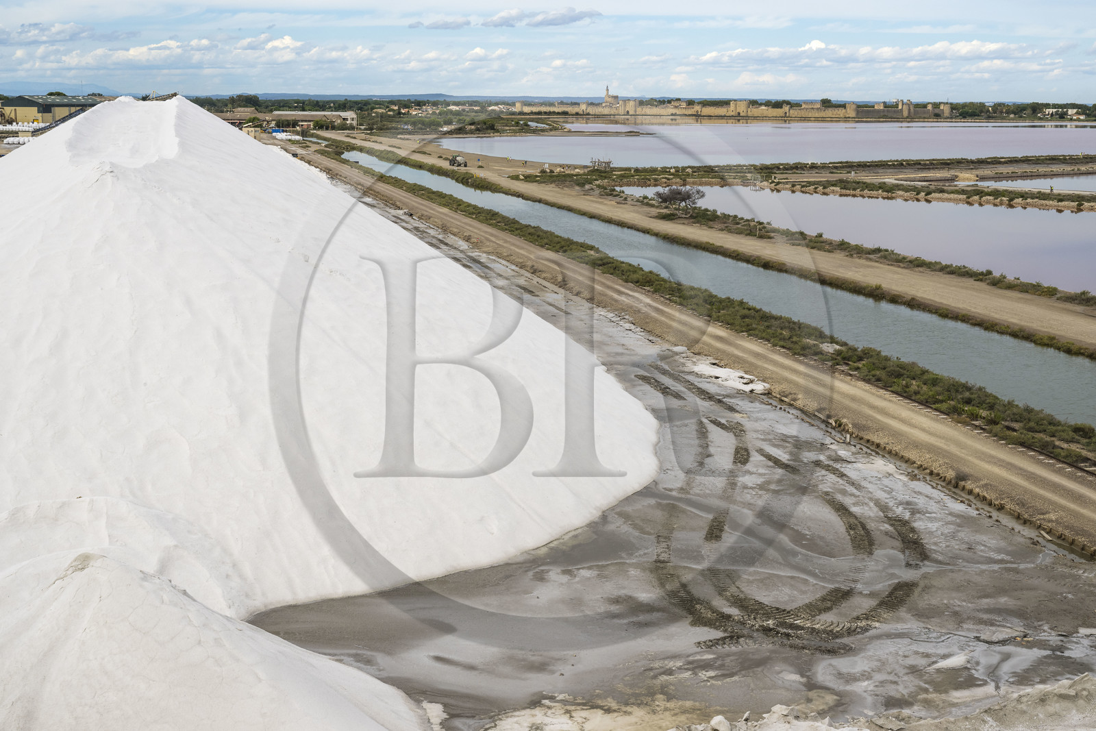France, Gard, Aigues Mortes, the saline of Aigues-Mortes (Salins du Midi), mountain of stored salt