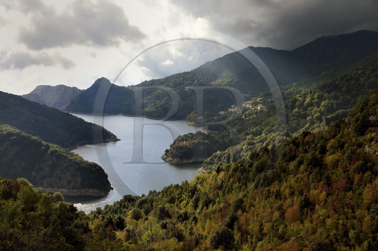 France, Corse du Sud, Prunelli river valley,  the village of Tolla at the edge of the artificial lake of Tolla from the Scalledda pass