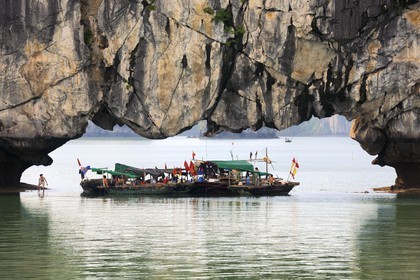 Vietnam, province de Quang Ninh, la Baie d'Halong classée Patrimoine Mondial de l'UNESCO, regroupement de bateaux de pêche sous une arche naturelle d'un ilot calcaire