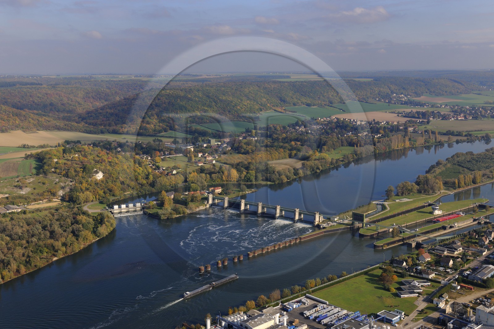 France, Eure, Port Mort, dam and locks on the Seine River (aerial view)